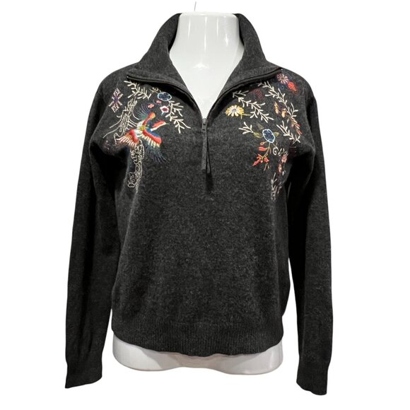 Johnny Was Dreamer 1/4 Zip Cashmere Sweater, Bird Embroidery XS - Picture 4 of 10